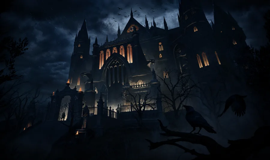 A gothic cathedral with lit windows on a hill at night, a raven in the foreground