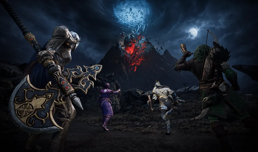 Armoured warriors charging toward a shattered mountain at night