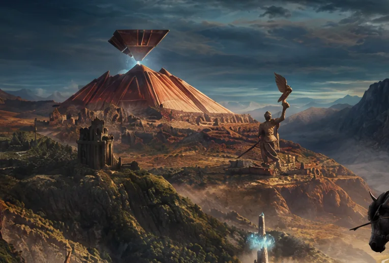 An inverted pyramid and a great statue across a sunlit valley